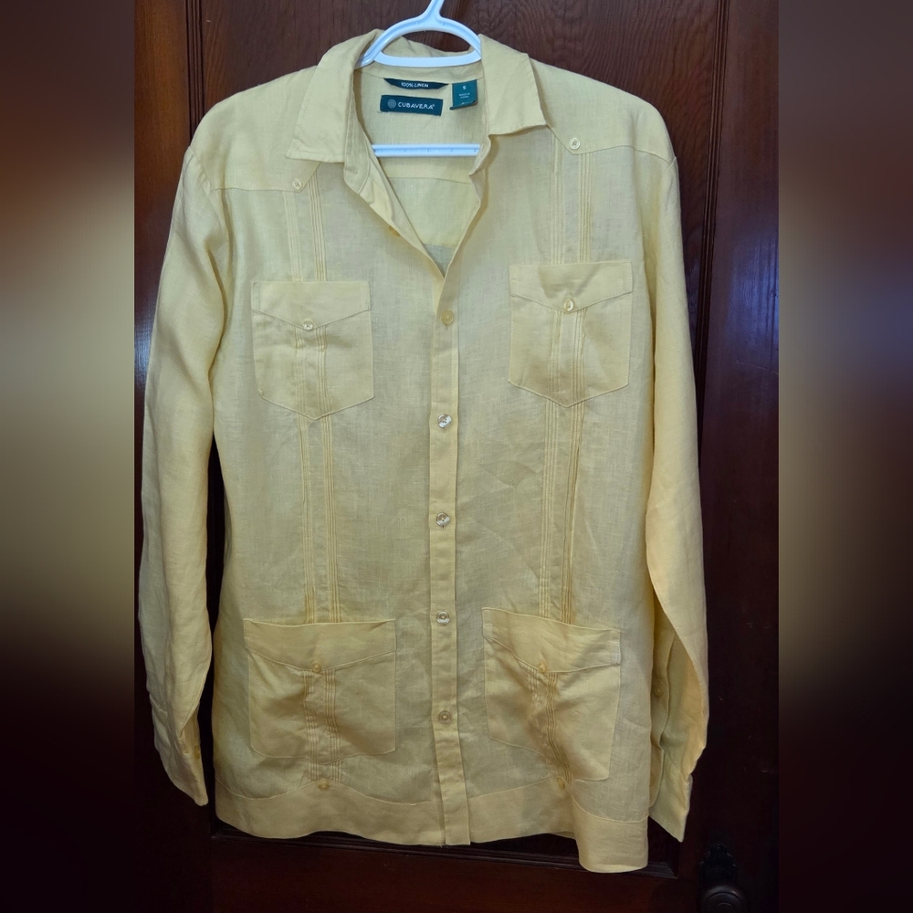 Men's Yellow Linen Guayabera Long Sleeve Shirt Four Pocket Size Small